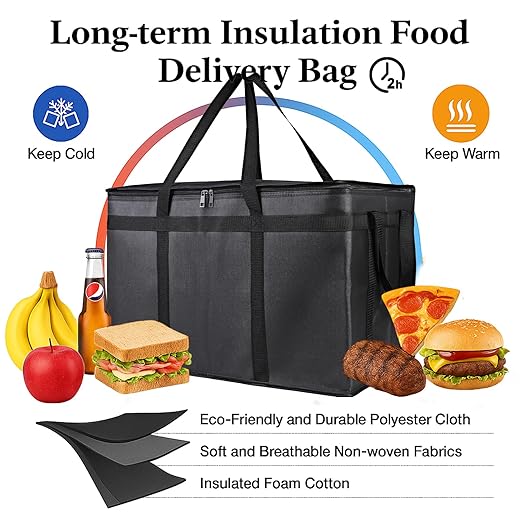 Bodaon Large 3-Pack Insulated Food Delivery Bag with hard bottom, XXXL Catering/Pizza Cooler Bags, Rideshare Delivery Bag, Thermal Cold/Hot Styrofoam Carrier for Travel/Shopping/Car
