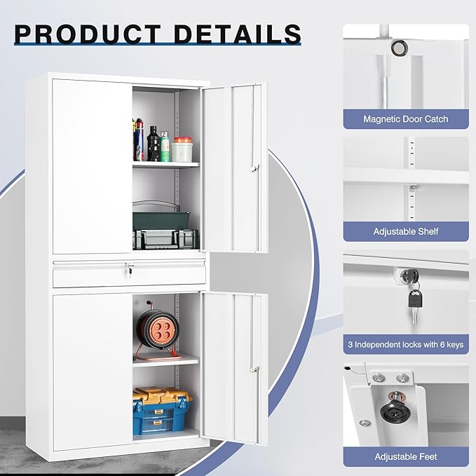 Metal Storage Cabinet,Tall File Cabinet with 2 Adjustable Shelves and Drawer,Lockable Steel Tool Cabinet for Home Office Garage School Warehouses