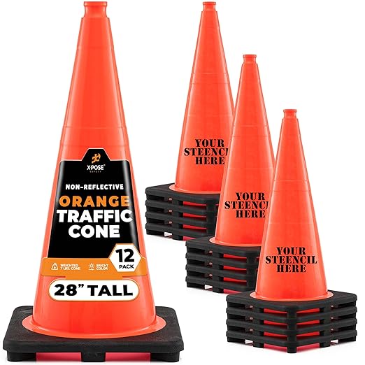 Xpose Safety 28 Inch Orange Traffic Cones, 12-Pack - Multipurpose PVC Plastic Safety Cone for Parking, Soccer, Caution, Kids and Construction - DOT Approved