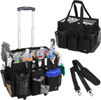 Extra Large Rolling Cleaning Caddy Bag with Detachable, Foldable Trolley Portable Cleaning Cart for Housekeeping Cleaning Caddy with Adjustable Shoulder Strap and Multiple Storage Pockets