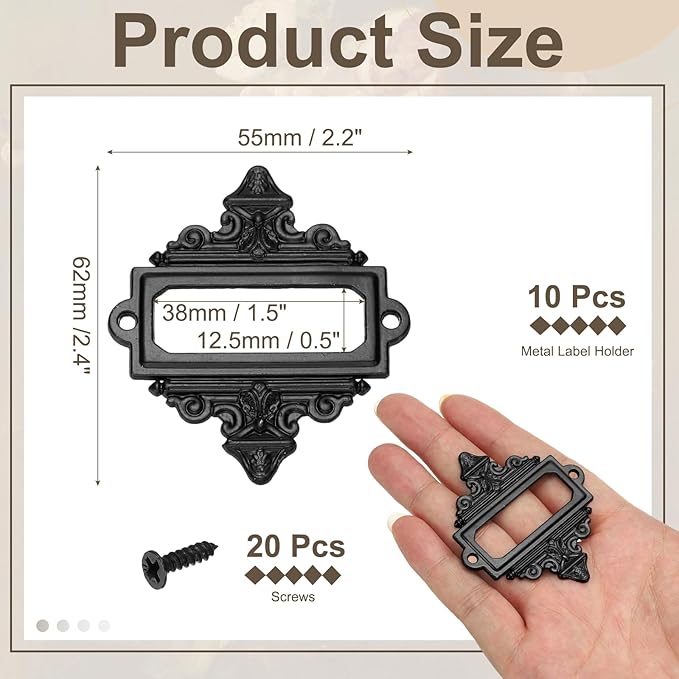 uxcell 10 Pcs Metal Label Holder, 2.2 x 2.4 Inch Small Vintage Card Frame Tag Floral Lace Label Holder with Screws for File Boxes Drawers Door Cabinet Book Shelves, Black