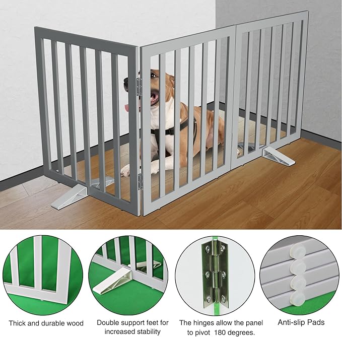 ZJSF Freestanding Indoor Dog Gate for House Foldable Wood Puppy Gate for Doorways Pet Gate for Stairs Extra Wide Pet Fence, Grey, 32" Height 2 Panels