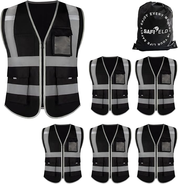Safety Reflective Work Vest 6 Pack for Men and Women with 8 Pockets and Zipper High Visibility Construction Outerwear