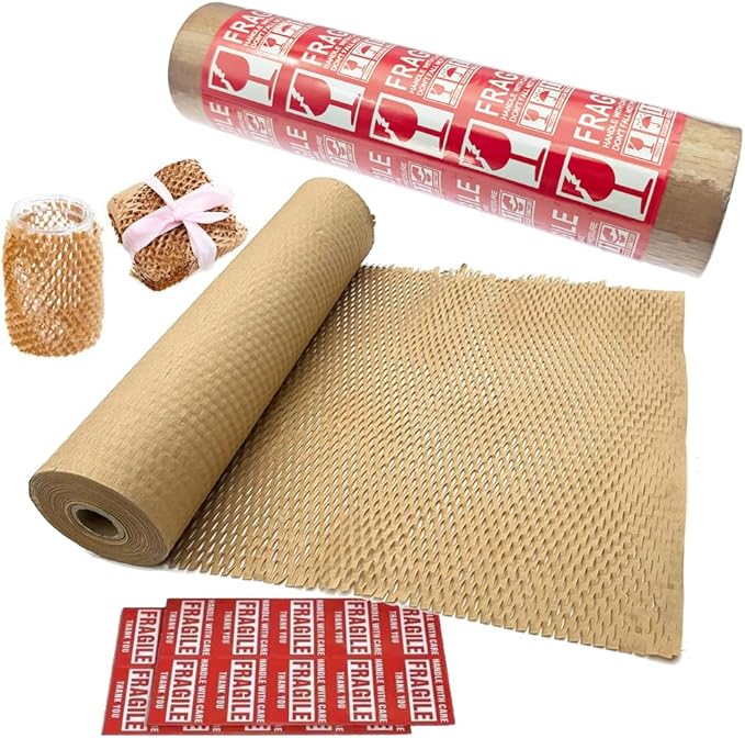 Honeycomb Packing Paper 12" W x 120' L Packing Paper for Moving Products & Gifts Honeycomb Wrapping Paper Recyclable and Biodegradable Cushioning Packing Material with 20 Fragile Stickers