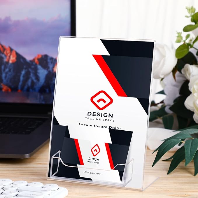 Remerry 12 Pcs Acrylic Sign Holder with Business Card Holder Slanted Paper Stand Clear Brochure Display Stand Heavy Duty Plastic Signs for Office Table Advertisement Flyer (4 x 6 Inch)