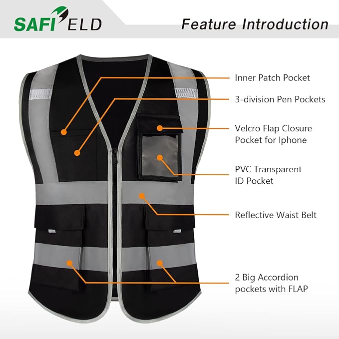 Safety Reflective Work Vest 6 Pack for Men and Women with 8 Pockets and Zipper High Visibility Construction Outerwear