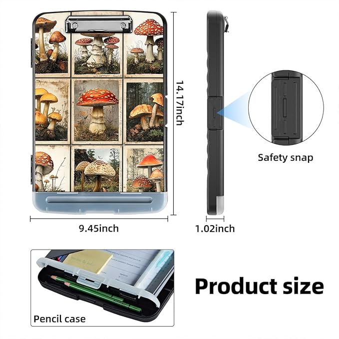 Clipboard with Storage Box & Pen Holder,Heavy Duty Clip Boards 8.5x11 for Nursing,High Capacity,School & Office Supplies,Mushroom Forest