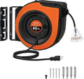 Retractable Cord Reel, 60 FT Heavy Duty Extension Cord, 12AWG/3C SJTOW, 3 Grounded Outlets Lighted Triple Tap, 15A Circuit Breaker, Wall/Ceiling Mounted, UL Listed, Orange B60CR06