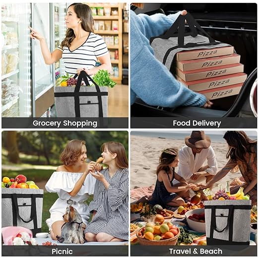 Insulated Reusable Tote Bag for Grocery Shopping for Women, Insulated Pizza/Food Delivery Bag to Keep Food Cold/Hot, Waterproof PRO, Grey, 1PK