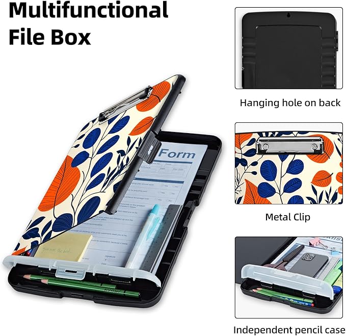 Clipboard with Storage Box & Pen Holder,Heavy Duty Clip Boards 8.5x11 for Nursing,High Capacity,School & Office Supplies,Orange Blue Leaves