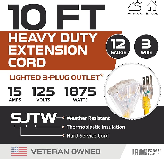 Iron Forge Cable 2 Pack 10 Foot Lighted Outdoor Extension Cord with 3 Outlets - 12/3 SJTW Heavy Duty Yellow Extension Cable 3 Prong - Multiple Outlets