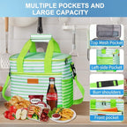 Iknoe Large Cooler Bag Collapsible 24 Can Insulated Bags Leakproof Lunch Cooler Tote with Multi-Pockets for Adult Insulated Thermal Bag for Beach, Picnic, Office Work(Green Stripe)