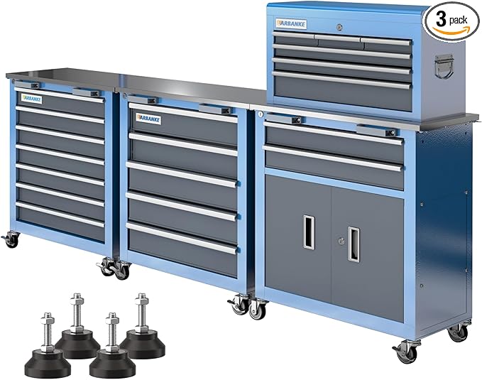 LARBANKE Tool Chest Combination with 3 Different Types,Rolling Tool Chest with Stainless Countertop,360°Wheels and Foot Pads,Tool Cabinet with Connection Buckle,Can Connect Together