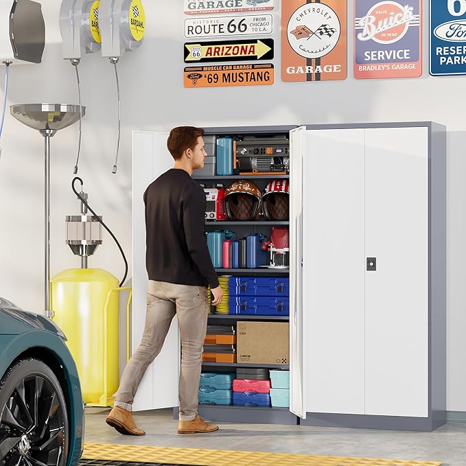 Metal Garage Storage Cabinets with Lock, 71" Tall Tool Cabinet with 2 Door and 5 Adjustable Shelves, Locking Garage Cabinets and Lockable Steel Locker for Home Office Warehouse-(Gray White-71”H)