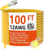 HUANCHAIN 12/3 Gauge Heavy Duty Outdoor Extension Cord 100 ft Waterproof with Lighted end, Flexible Cold-Resistant 3 Prong Electric Cord Outside, 15Amp 1875W 12AWG SJTW, Yellow, ETL
