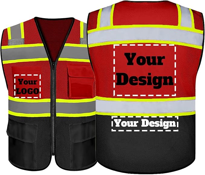 Safety Vest Customize Logo with 5 Pockets & Zipper Reflective High Visibility Vest Class 2 Outdoor Workwear