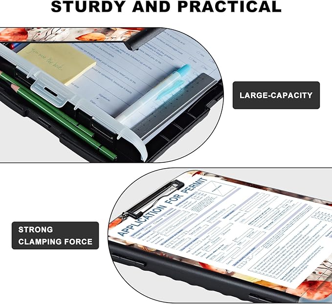 Clipboard with Storage,Storage Clipboard with Pen Holder,Heavy Duty Plastic Storage Clipboard with Low Profile Clip, Clipboard Folder, Teacher Must Haves, Office Supplies,Mushrooms and Leaves