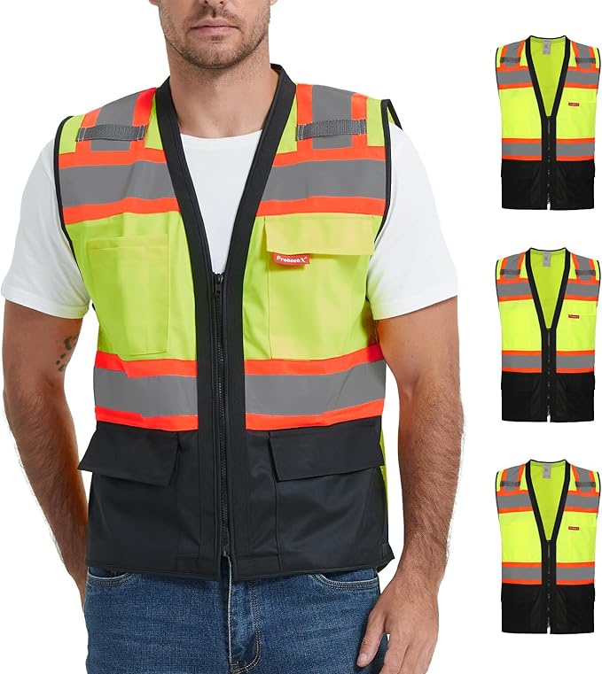 ProtectX 6 Pockets High Visibility Safety Vest for Men Women Class 2 Reflective Hi Vis Work Construction Vest