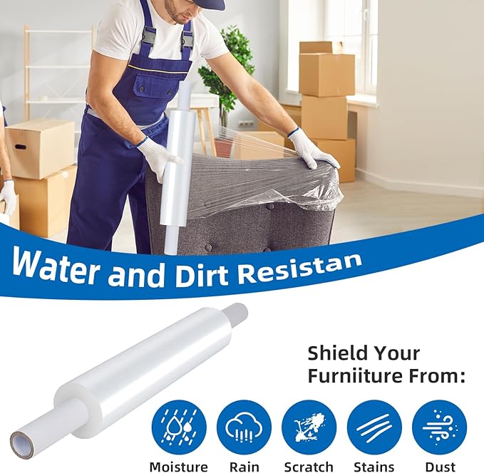 15in Stretch Wrap Roll with Handle, Heavy Duty 1200ft Shrink Wrap Roll, Clear 60 Gauge Industrial Strength Stretch Film with Extended Cardboard Handles, Plastic Wrap for Pallet Packing Moving(2 Rolls)