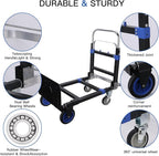 3 in1 Heavy Duty Convertible Hand Truck Dolly Cart, Folding Trolley Cart with Wheels, 600lbs Capacity for Transport Moving in Warehouse, Supermarket, Equipment (Blue)