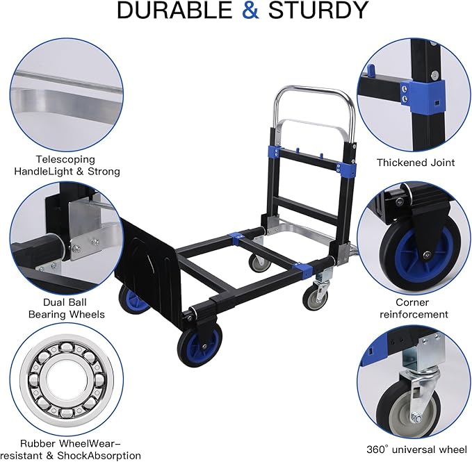 3 in1 Heavy Duty Convertible Hand Truck Dolly Cart, Folding Trolley Cart with Wheels, 600lbs Capacity for Transport Moving in Warehouse, Supermarket, Equipment (Blue)