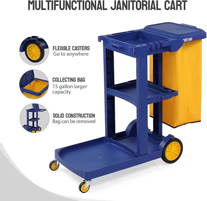 TUFFIOM Commercial Traditional Cleaning 3-Shelf Janitorial Cart, 500 Lbs Capacity Housekeeping Cart, Wheeled with Yellow VinylBag and Cover w Lid, Blue,