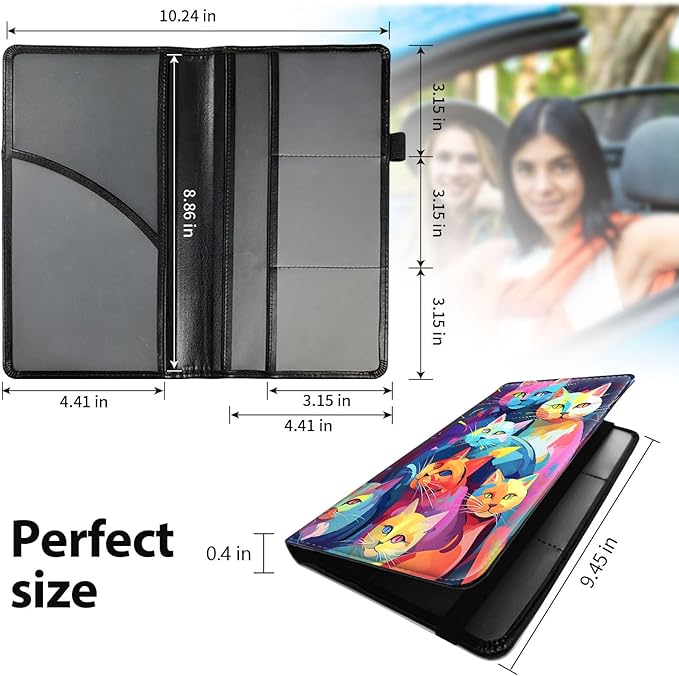 Car Registration and Insurance Holder, Leather Car Glove Box Organizer, Cool Car Accessories for ID, Driver's License Cards & Essential Document,business cards,Men&Women,Color Cat