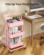 Pipishell 3 Tier Mesh Utility Cart, Rolling Metal Organization Cart with Handle and Lockable Wheels, Multifunctional Storage Shelves for Kitchen Living Room Office Pink