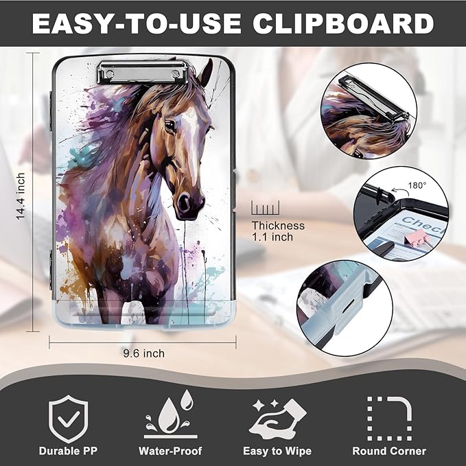 Cute Watercolor Horse Heavy Duty Plastic Storage Clipboard with Low Profile Clip - Pen Holder, Teacher Must Haves, Office Supplies