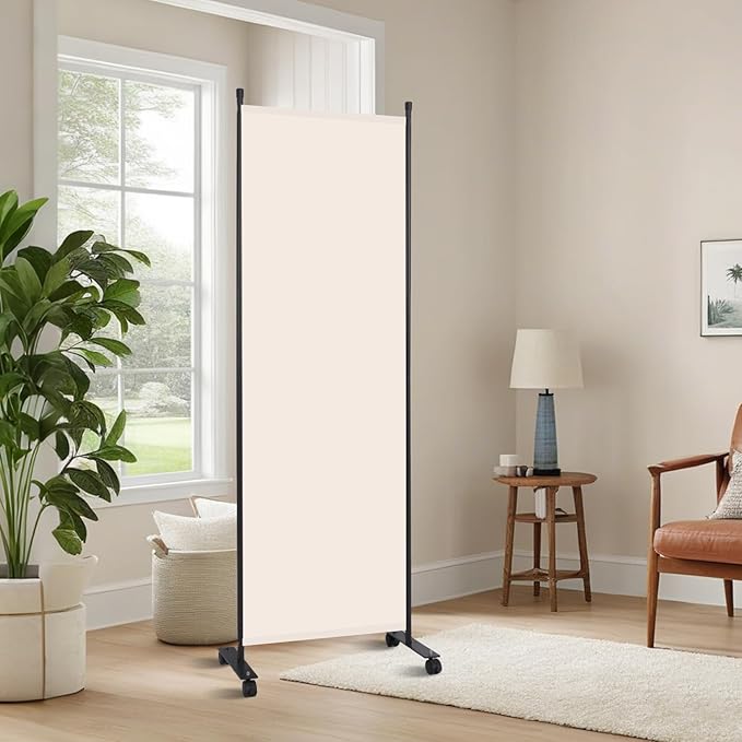 Room Divider 6FT Room Partition with Lockable Wheels, (Thicked Metal Base) Room Dividers, Freestanding Indoor Folding Privacy Screens, Portable Fabric Wall Divider for (Beige, 21.5"- 1 Panel)