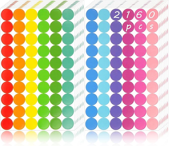 SallyFashion 2160PCS Dot Stickers 3/4 inch Color Coding Labels Round Dot Labels for Kids, 12 Color Polka Circle Label Pricing Stickers for Office Classroom Decor Must Haves, Garage Yard Sales, Papers