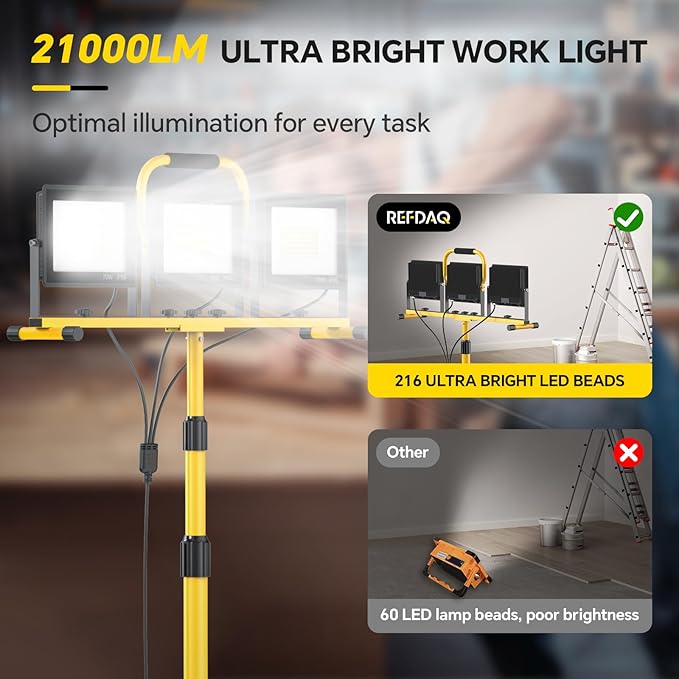 LED Work Lights with Stand: 3 Head Adjustable Work Light with Individual Switch, IP66 Waterproof Foldable Outdoor Tripod Light for Job Site Construction Lighting, Tool Gifts for Men