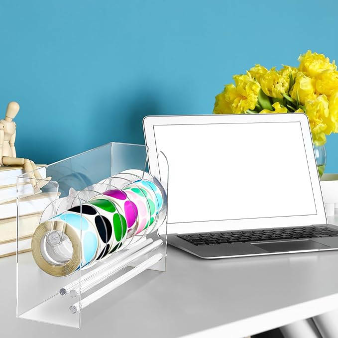 Qilery Adjustable Label Dispenser Acrylic Roll Sticker Dispenser Sticker Holder Organizer Label Stand for Holding Office and Home(7 Disks)