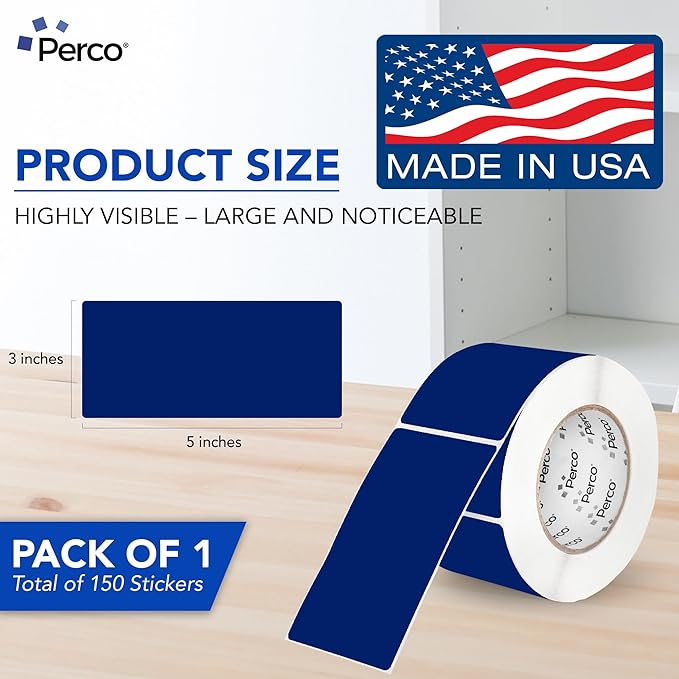 Perco Dark Blue 3x5 Inch Perforated Sticker Labels — 150 Stickers/Roll — with Permanent Adhesive for Inventory Management, Color Coding, Moving Boxes, Retail, Organizing, Crafting & More — Made in USA