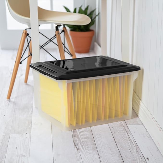Sterilite 8 Pack File Box Organizer Storage Tote, Clear Bankers Box with Black Lid