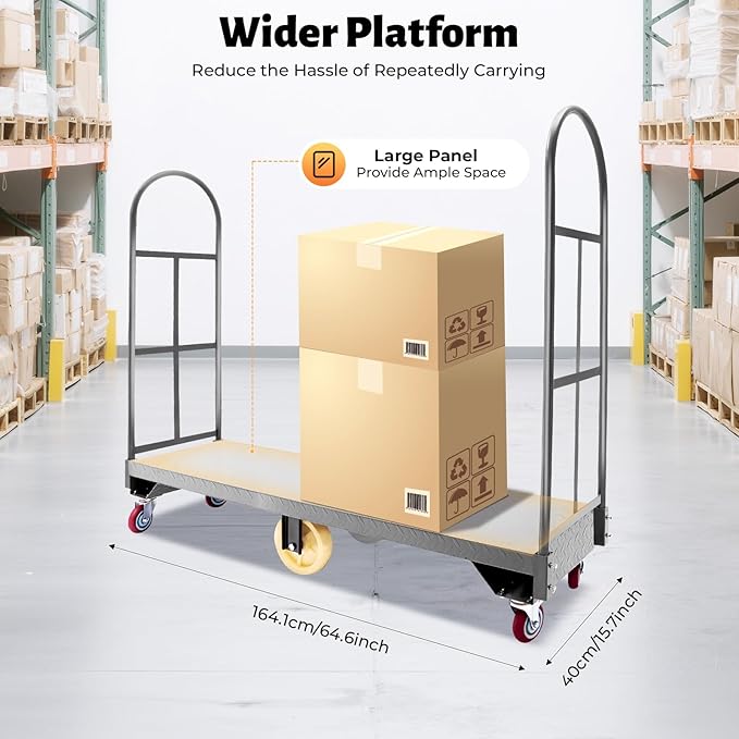 64.6Lx15.7H U-Boat Platform Truck Dolly, 2000lbs Heavy Duty U Boat Cart Steel with 6PCS Wheel Caster and 2 Side Fences for for Industrial, Retail, Warehouse