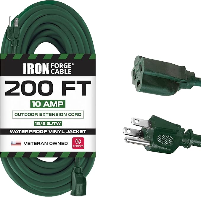 Iron Forge Cable Weatherproof 200 Ft Outdoor Extension Cord - 16/3 SJTW Heavy Duty Green Extension Cord 3 Prong - 10 Amp Exterior Power Cable