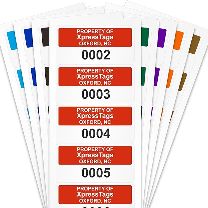 XpressTags 1" x 2" Sequential Number Custom Labels, Fixed Inventory Asset Tags, Permanent Adhesive Vinyl Stickers for equipments Pack Sizes 100 to 5000, Made in USA