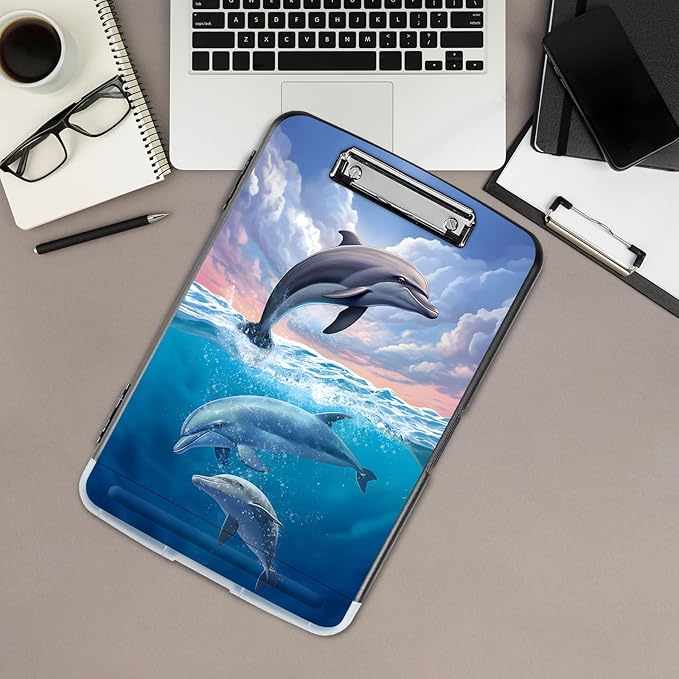 Clipboard with Storage,Office Supplies Nursing Clipboards Folder with Pen Holder Plastic Storage ClipBoard Foldable for Teacher Nurse,Cute Dolphin