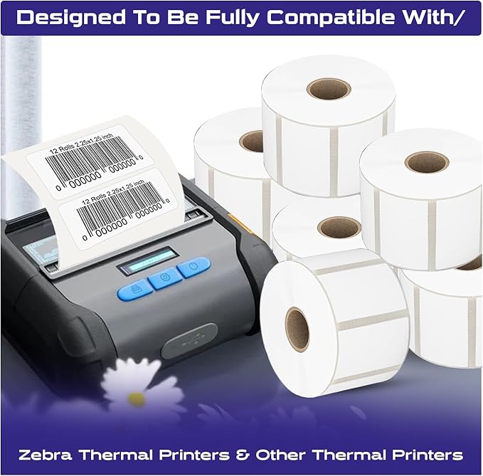 CEPRICO 2.25”X1.25” Direct Thermal Barcode Address Self Adhesive Perforated Waterproof White Sticker Label - Compatible w/Zebra Thermal Printers - FBA Shipping Labels - 12 Rolls (1000 Labels/Roll)