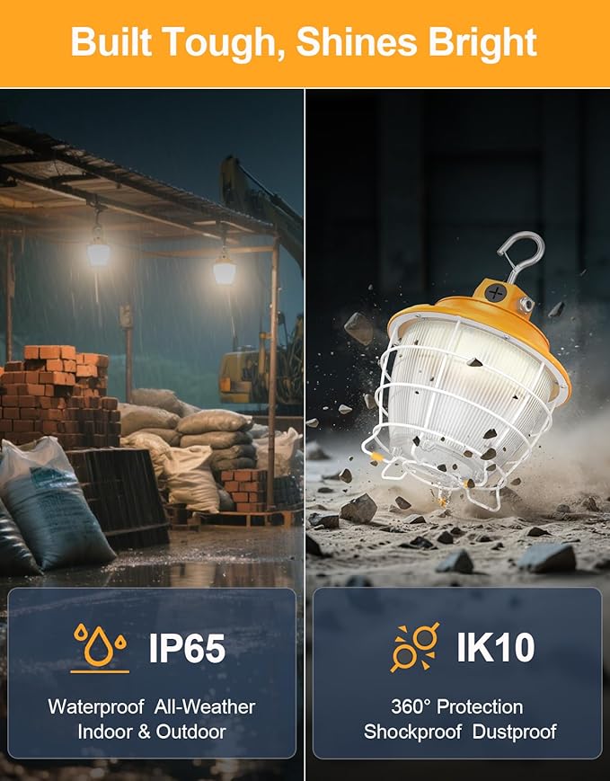 LED Temporary Work Light 80W 64W 48W Tunable 4500K 5000K 5700K Tunable 12000LM Portable Hanging Linkable Construction Light ETL DLC Listed with ON/Off Button for Job Site, Workshop