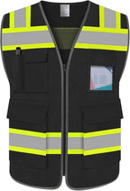 TCCFCCT Safety Vest for Men Women 5 Pockets Mesh High Visibility Reflective Vest with Reinforced Zipper, Durable Construction Work Vest with Fluorescent Orange Edge, Meets ANSI/ISEA, DW-Black, 5XL