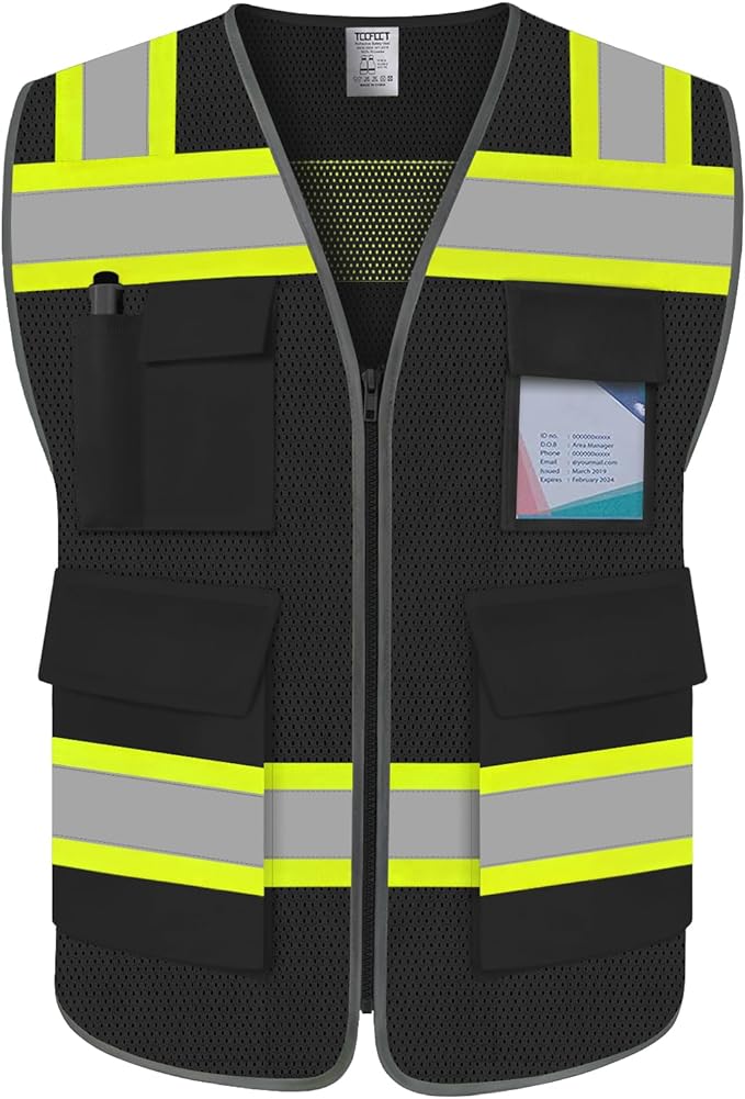 TCCFCCT Reflective Safety Vest 5 Pockets Mesh High Visibility Vest for Men Women, Hi Vis Construction Work Vest with Fluorescent Orange Edge, Durable with Reinforced Sewing, Meet ANSI/ISEA, DW-Black, S
