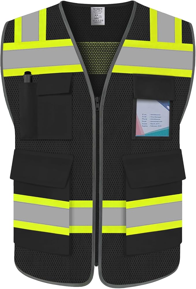 TCCFCCT Reflective Safety Vest With 5 Pockets for Men Women - High Visibility Construction Mesh With Zipper and Neon Yellow Extended Edge - Meets ANSI/ISEA, DW-Black, M