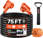 VEVOR 75 FT RV Extension Cord, 30 Amp, 125V 2500W Heavy Duty STW 10/3 Gauge Wire, NEMA TT-30P Male NEMA TT-30R Female Plug, with LED Power Indicator, Handle, 15A Adapter, for RV Trailer, ETL Listed