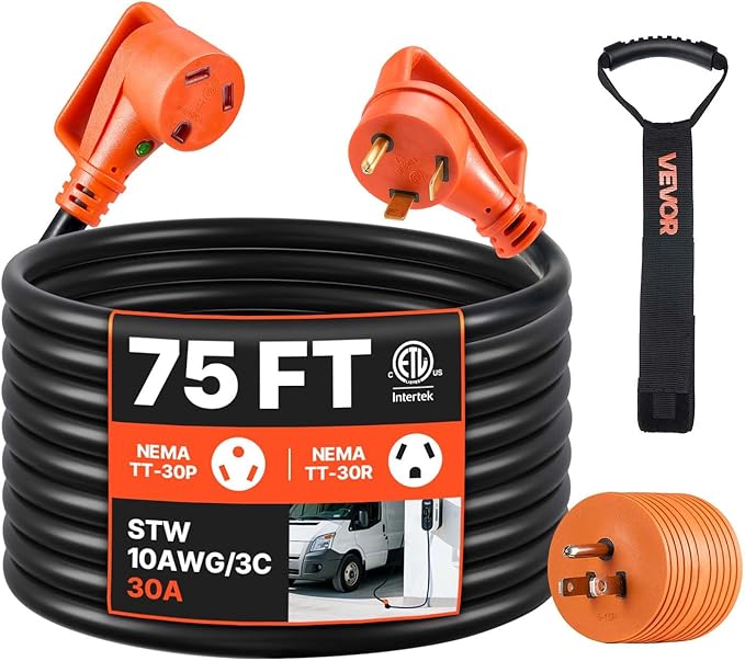VEVOR 75 FT RV Extension Cord, 30 Amp, 125V 2500W Heavy Duty STW 10/3 Gauge Wire, NEMA TT-30P Male NEMA TT-30R Female Plug, with LED Power Indicator, Handle, 15A Adapter, for RV Trailer, ETL Listed