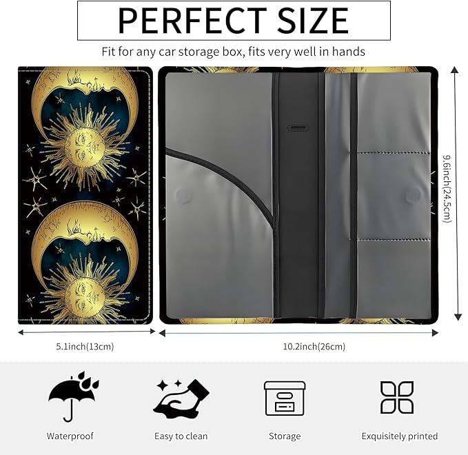 Premium Car Registration and Insurance Card Holder, Cute PU Leather Car Document Holder, Vehicle Glove Box Car Organizer with Magnetic Closure for Driver License, Cards Golden Sun and Moon
