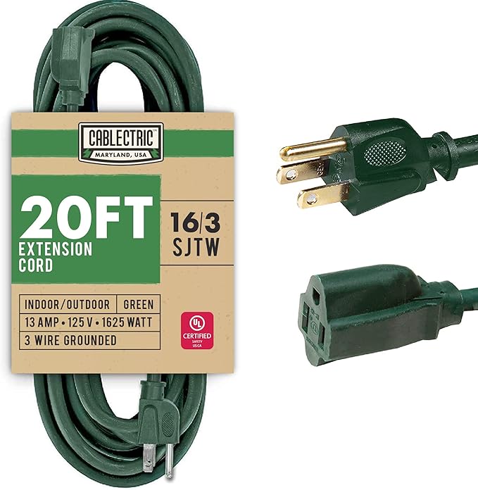 20 Foot Outdoor Extension Cord - 16/3 SJTW Green 16 Gauge Electrical Cable with 3 Prong Grounded Plug - Great for Powering Christmas Lights
