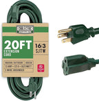20 Foot Outdoor Extension Cord - 16/3 SJTW Green 16 Gauge Electrical Cable with 3 Prong Grounded Plug - Great for Powering Christmas Lights