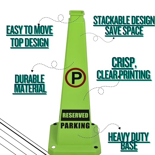 BESEA Reserved Parking Cone 6 Pack, 28" No Parking Sign Cone with Weighted Base, Green 4-Sided “ Reserved Parking” Warning Cone for Driveways Business Parking Lots Garages Indoor/Outdoor